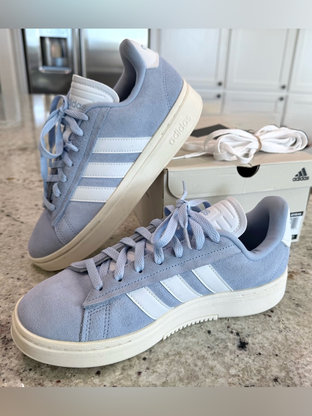 Adidas Grand Court Alpha Light Blue Suede Sneakers with White Stripes - Picture 5 of 11